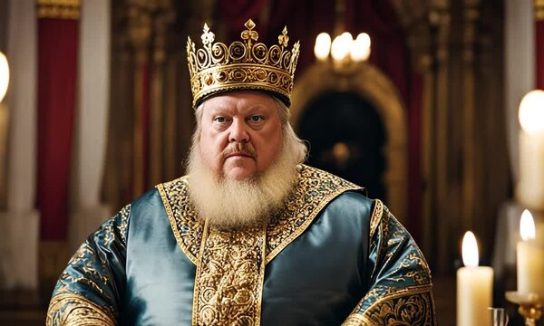 Fat king in a royal palace.