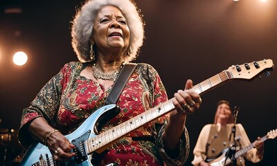 Senior woman playing guitar on a stage.