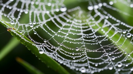 Close-up of a spider web adorned with morning dew drops against a green background