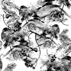 Seamless watercolor pattern with a picture of a bird, bullfinch. A bird on a spruce branch. The bird is red. Watercolor card. Bullfinch in the forest on a branch of spruce, cedar, pine. Snow.monochrom