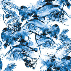 Seamless watercolor pattern with a picture of a bird, bullfinch. A bird on a spruce branch. The bird is red. Watercolor card. Bullfinch in the forest on a branch of spruce, cedar, pine. Snow.monochrom