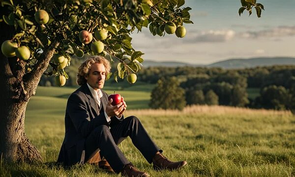Isaac Newton with an apple.