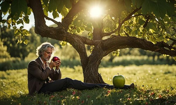 Isaac Newton with an apple.