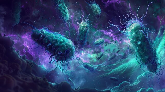 Vibrant artistic representation of pseudomonas aeruginosa bacteria in a microscopic environment