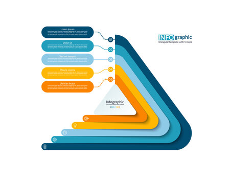 Infographic triangular template with 5 steps. Process chart, cycle diagram, vector banner for presentation, report, brochure, web, data visualization.
