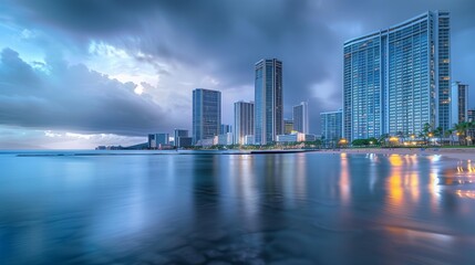 Fototapeta premium **: A breathtaking view of the Honolulu skyline with tall, modern skyscrapers set against the backdrop of a shimmering ocean front, reflecting the city lights.