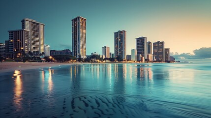 Obraz premium **: A breathtaking view of the Honolulu skyline with tall, modern skyscrapers set against the backdrop of a shimmering ocean front, reflecting the city lights.