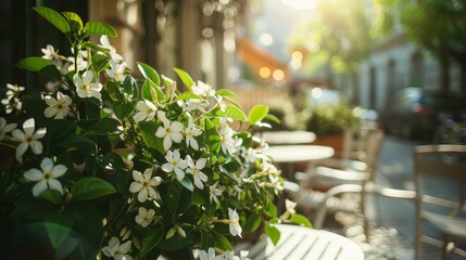 Charming jasmine blossoms in a parisian patio  a vibrant street view bathed in soft sunlight
