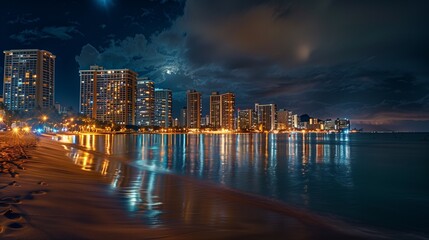 Obraz premium **: A panoramic night view of the Honolulu skyline with the ocean front, the city lights creating a mesmerizing reflection on the calm ocean waters.