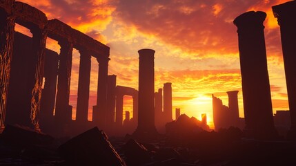Fototapeta premium Majestic Sunset Over Ancient Roman Ruins - 3D Render Digital Artwork with Vibrant Colors and Broken Columns Silhouettes