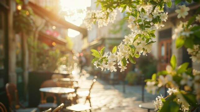 Charming parisian patio with realistic jasmine blossoms and inviting sunlit street view