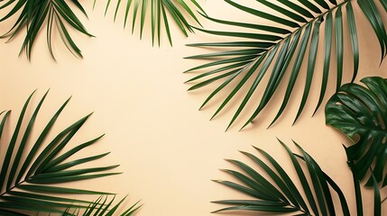 Obraz premium Tropical palm leaves on beige background. Flat lay, top view.