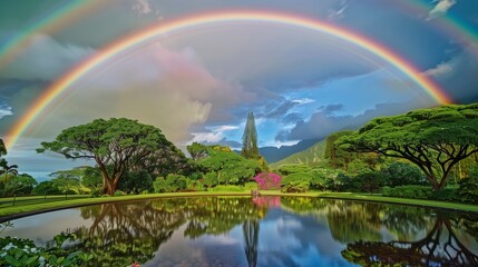 **: A stunning rainbow over the Hoomaluhia Botanical Garden in Kaneohe, Hawaii, with the garden's lush greenery and a serene pond reflecting the vibrant colors.