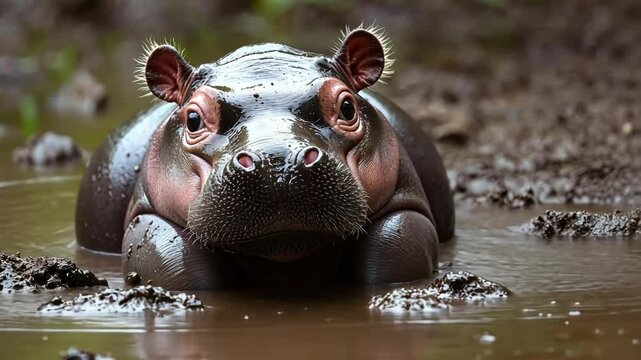 Hippopotamus in Mud: A hippopotamus wallows in a muddy puddle, its large eyes staring directly at the camera. The image captures the animal's natural habitat and its playful nature. 