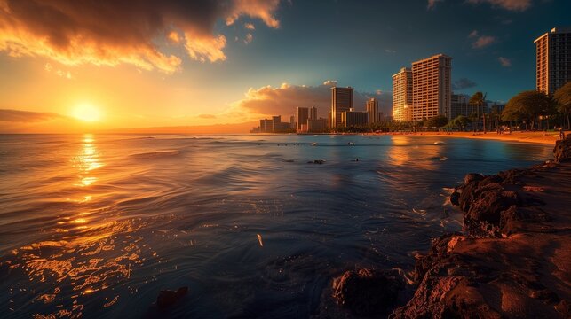 **: The Honolulu skyline during golden hour, with the sunlight casting a warm glow over the city and the ocean, highlighting the vibrant colors of the scene.
