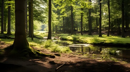 Obraz premium Tranquil forest landscape with a winding creek and dense foliage illuminated by gentle sunlight