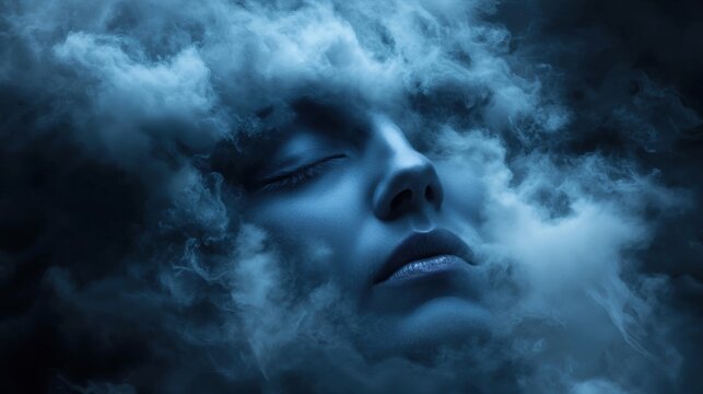 A woman's face is shown in a cloud of smoke