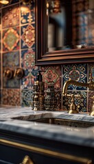 Obraz premium Stunning macro view of exquisite caulking in a luxurious bohemian bathroom with elegant fixtures