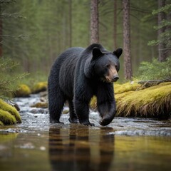 A black bear foraging near a crystal-clear stream in a pine forest.
