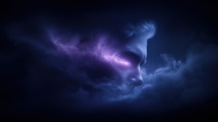 A face is shown in the sky with purple clouds