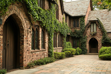 Naklejka premium An old brick and stone mansion with ivy-covered walls, a large front door framed by arched windows, and a cobblestone driveway leading to the entrance. The architecture is in the style of Gothic.