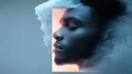 Fototapeta premium A man's face is shown in a cloud of smoke, with his eyes closed and mouth open