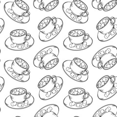 Seamless pattern with sketches of hot chocolate cups with marshmallows on a white background. The illustration is made in a hand drawn style, perfect for packaging, textiles or wallpaper.