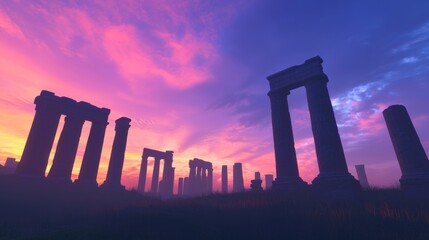 Golden Hour Glow: Panoramic Roman Countryside Dusk 3D Render with Ancient Ruins Silhouettes - Nostalgic Beauty and Timeless Charm in Detailed Artwork