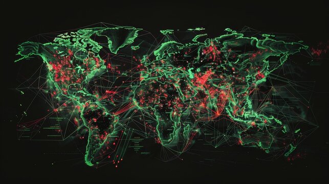 Vibrant cyber attack world map  intricate patterns of data flow in neon green and red on black