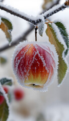 A vibrant apple covered in frost hangs delicately on a snowy branch, showcasing the beauty of winter in natural landscapes.