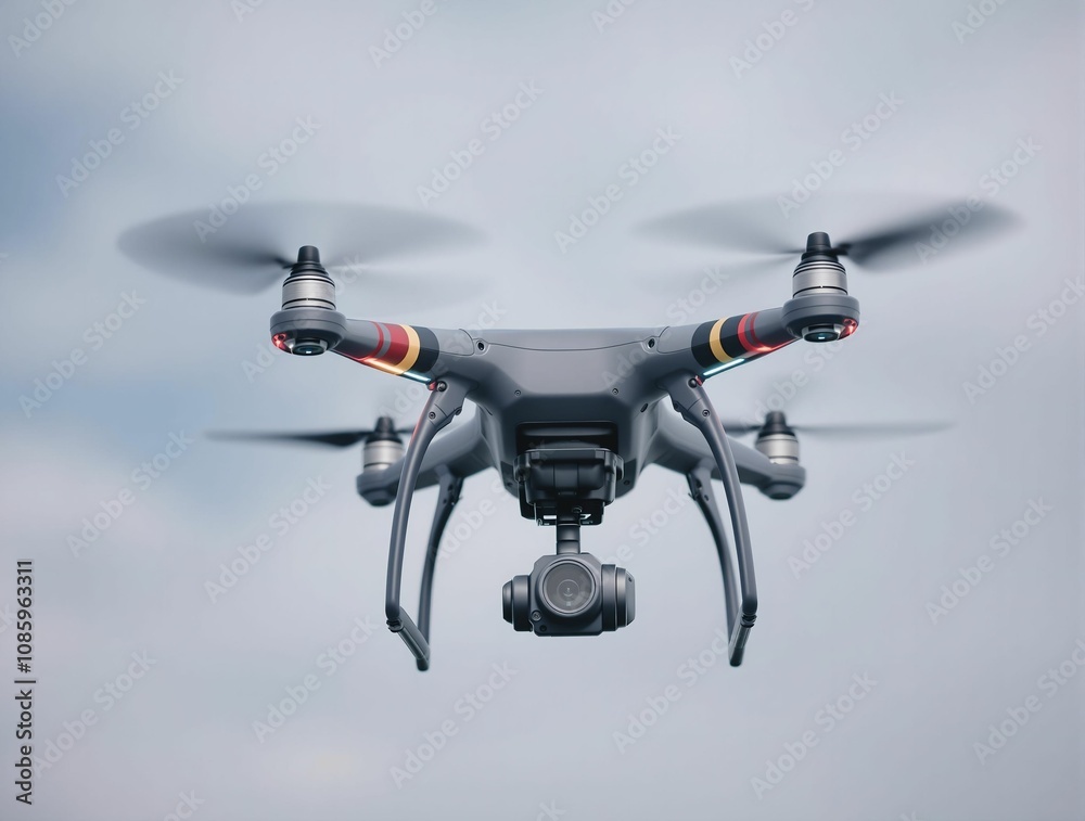 Aufkleber high-tech drone flying in a neutral sky, representing modern technology and innovation