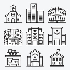 Fototapeta premium Urban Infrastructure Vector Line Icons Set - Church, Skyscraper, Stadium, Hospital, Fire Station, and School with Premium Shading