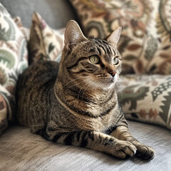 a cat sitting on a sofa