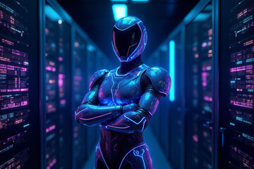A luminescent cyborg security guard observing data servers in a neon-lit technological corridor 