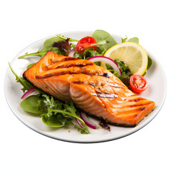 Grilled salmon with asparagus on white plate isolated on black background
