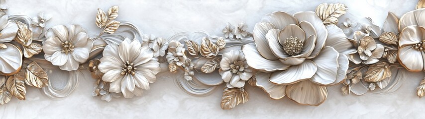 A gold and white floral arrangement is displayed on a white background