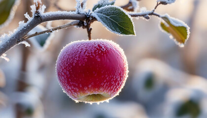 A vibrant red apple hangs from a frosty branch, capturing the winter's chill. This serene scene highlights nature's beauty and seasonal change.