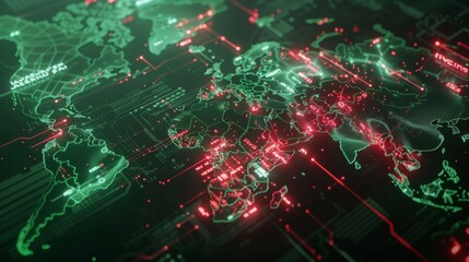 3d neon green and red cyber attack world map with glowing connections on dark background