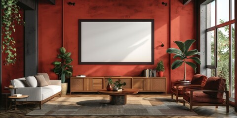 Modern Living Room with Red Wall and Large Picture Frame