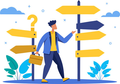 transparent png illustration of a businessman standing at a crossroads with directional signs symbolizing decision-making and career choices.