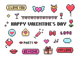 Happy Valentine's Day pixel art icons set, valentine's pixel stickers. Sponges, balloon, valentine, letterings, hearts 8-bit design elements.