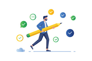 vector illustration of a businessman carrying a pencil symbolizing goal setting and task completion.