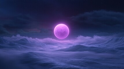 A large purple planet is floating in the sky above a snowy landscape