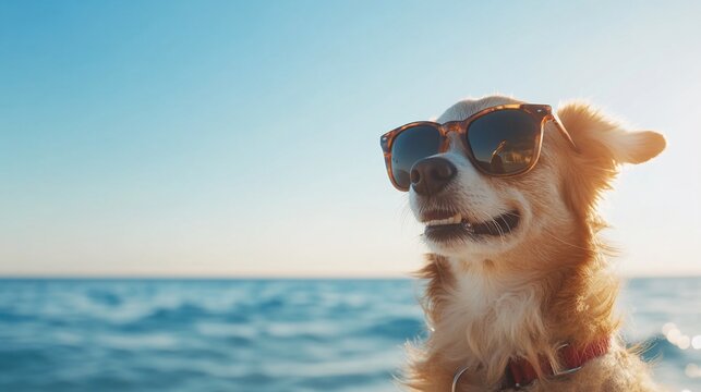 A dog wearing sunglasses enjoys a sunny beach day by the ocean.