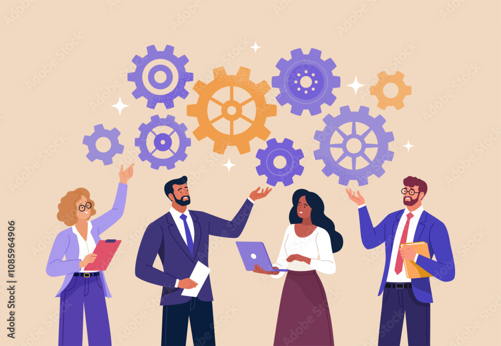 Poster business discussion concept. vector flat style illustration of a group of diverse smiling people in 