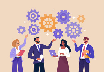 Business Discussion Concept. Vector flat style illustration of a group of diverse smiling people in business outfits with gears on top talking to each other. Isolated on background