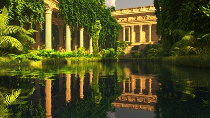 Fototapeta premium Majestic Reflections: Ancient Roman Architecture in Serene Pond with Lush Greenery - 3D Render with Ultra-Detailed, Dramatic Light