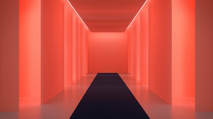 A long hallway with orange walls and black carpet