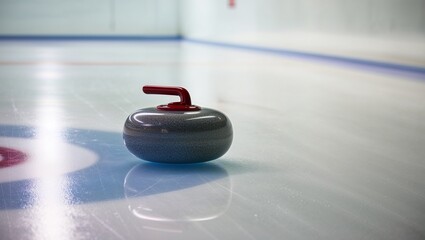 Curling stone sliding on smooth ice rink with minimal background.