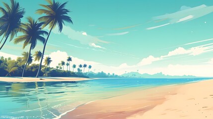 Fototapeta premium Tropical beach with palm trees and calm turquoise waters under a bright blue sky
